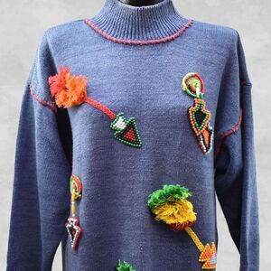 Victoria Jones Blue Beaded Arrow Fringed Pullover Sweater-Women's Size L